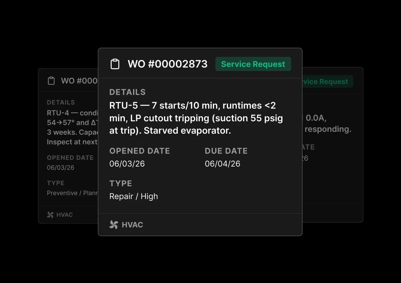 FTL Cloud automated work order displaying HVAC diagnostic data, equipment issues, service details, priority level, and repair recommendations generated from real-time building intelligence.