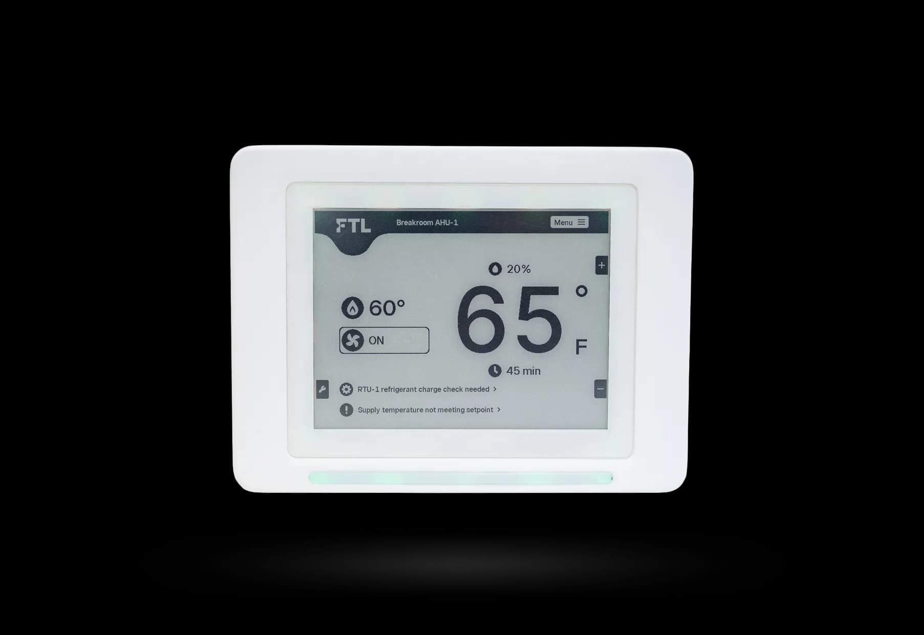 FTL smart thermostat with touchscreen display showing temperature, fan controls, system status, and maintenance alerts.