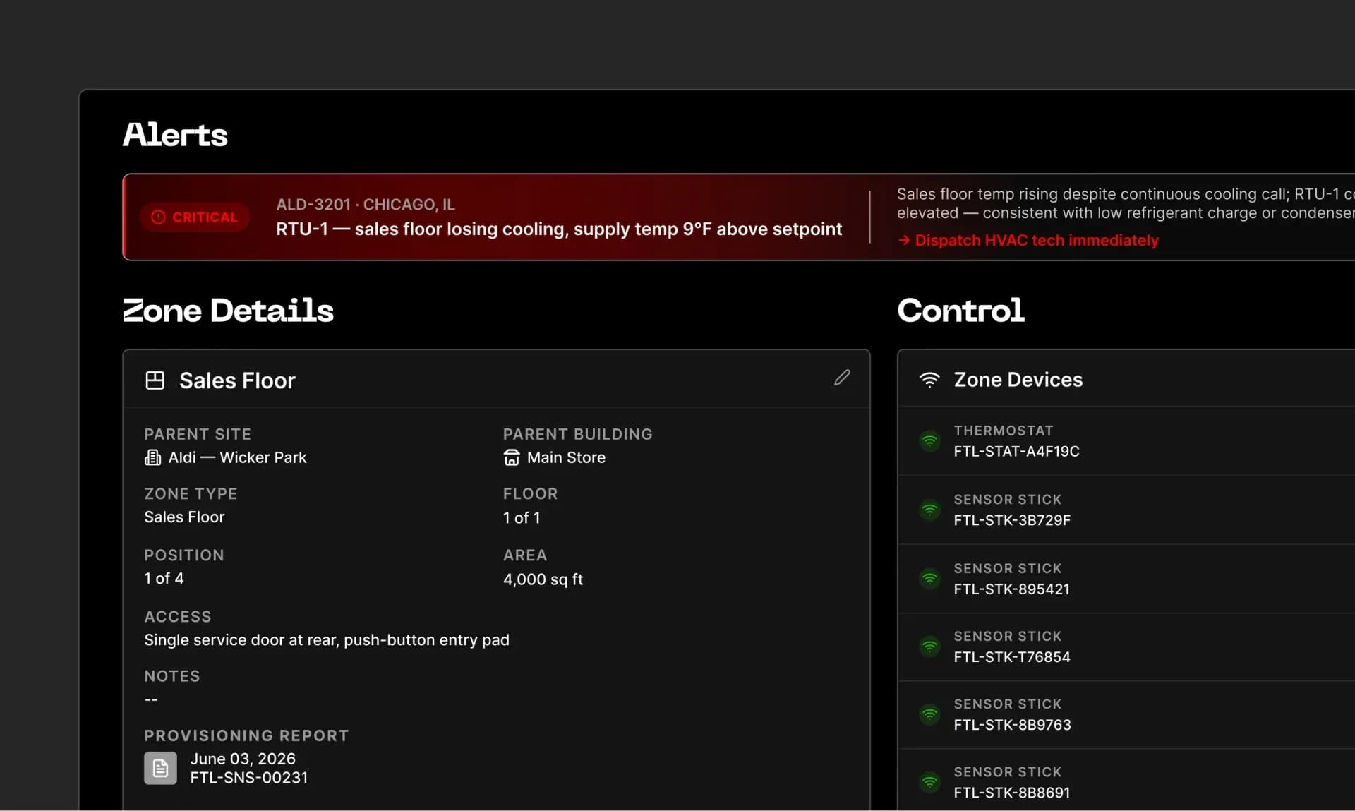 Zone details dashboard showing an active HVAC alert, zone information, and connected control devices for a commercial facility.