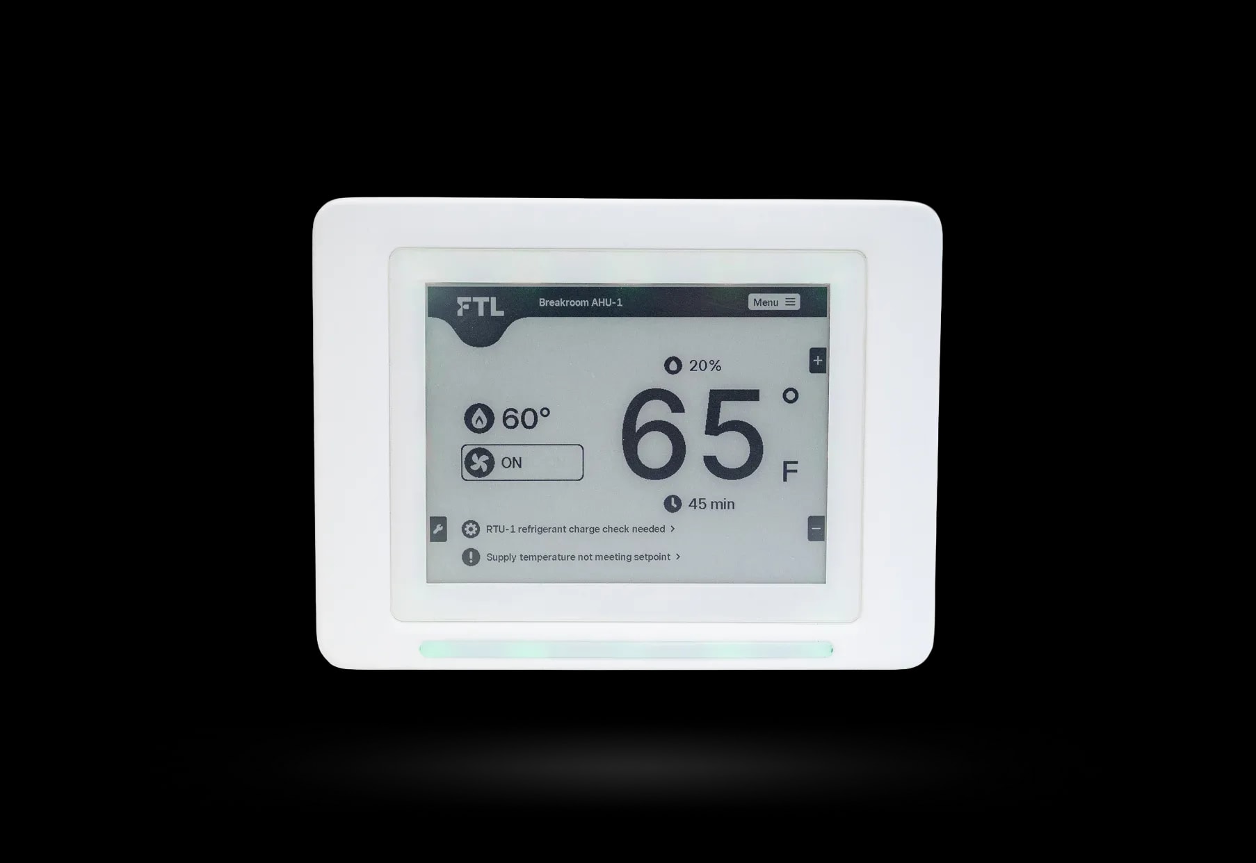 FTL smart thermostat with touchscreen display showing temperature, fan controls, system status, and maintenance alerts.
