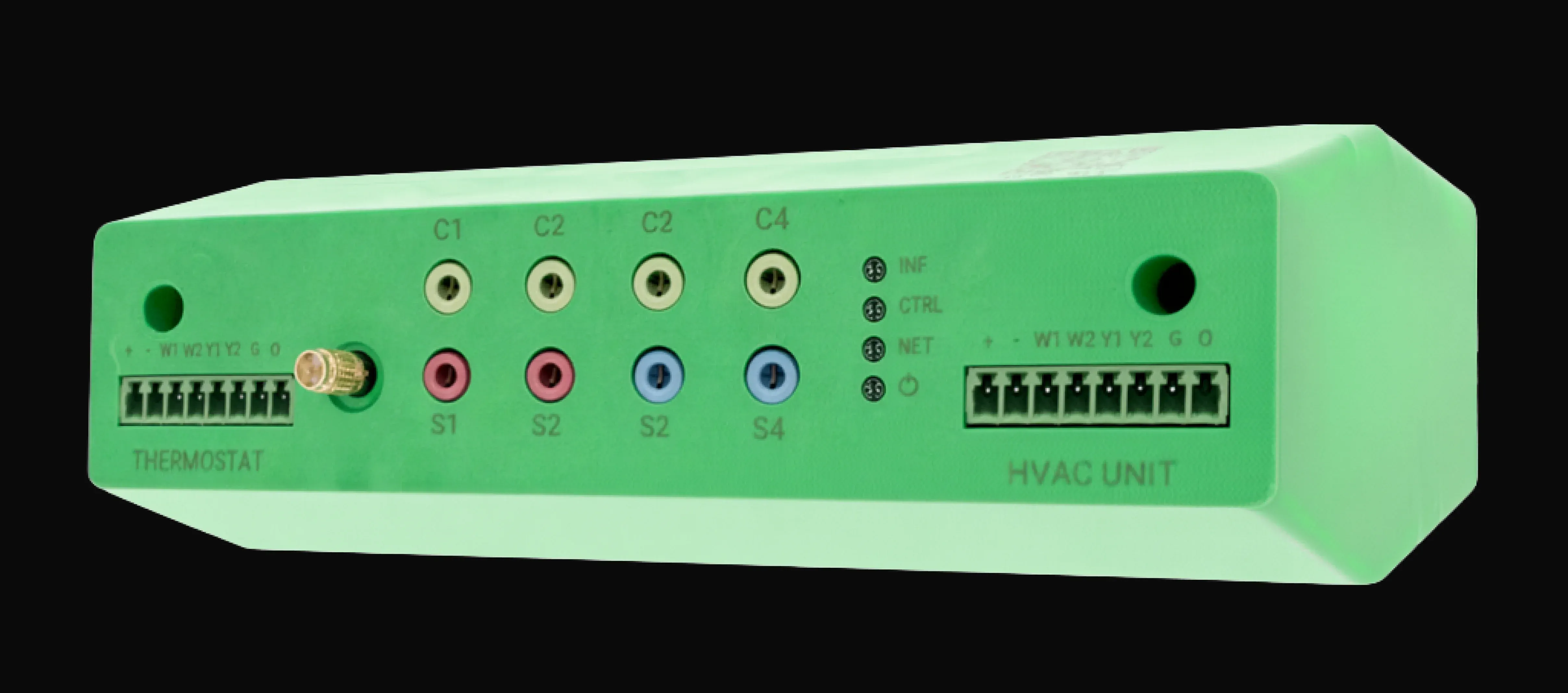 Green FTL HVAC controller device on a black background, showing a thermostat terminal block, sensor ports labeled S1–S4, status LEDs (INF, CTRL, NET, power), and an HVAC unit terminal block.